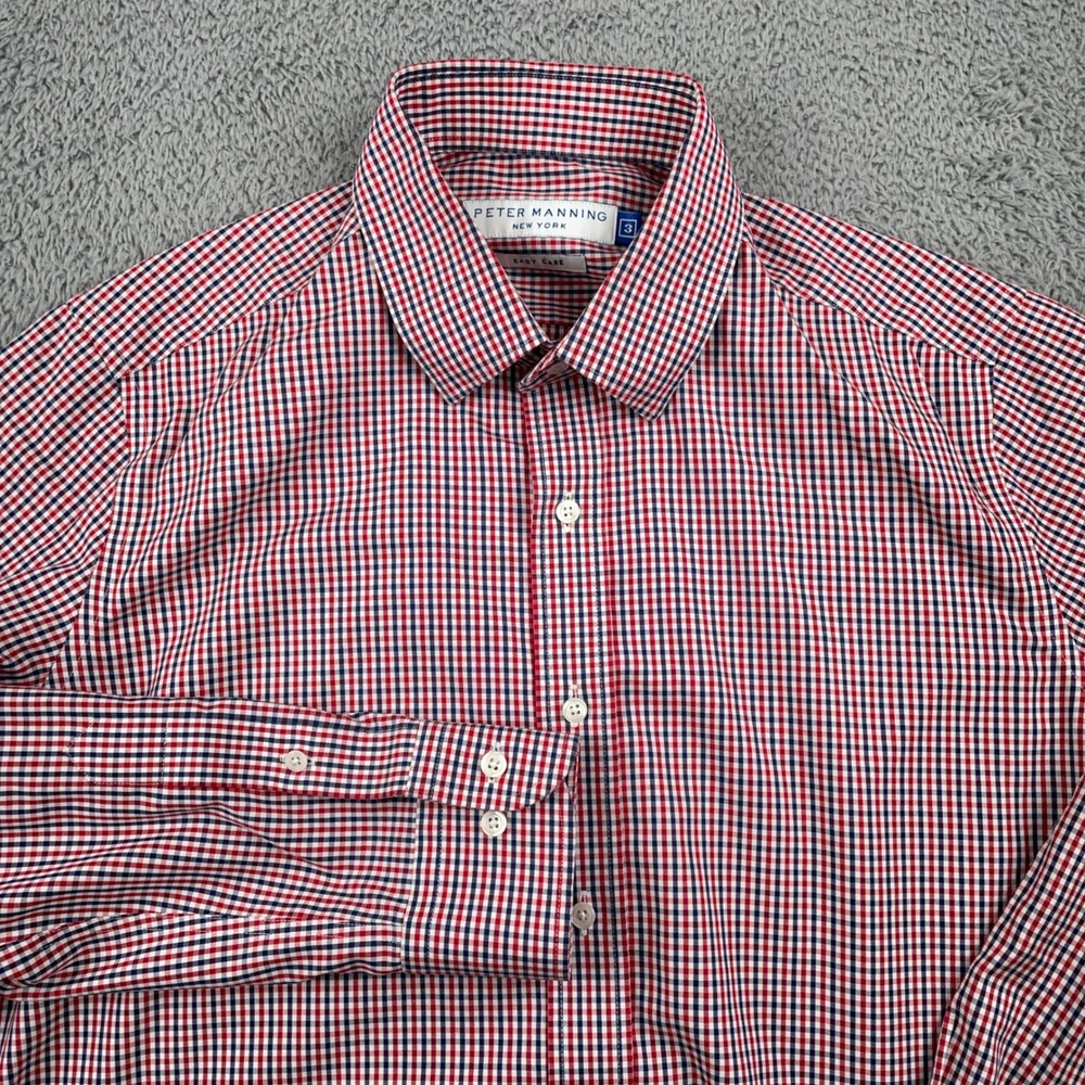 Peter Manning Shirt Mens 3 Red Blue Gingham Easy Care Long Sleeve Button Up